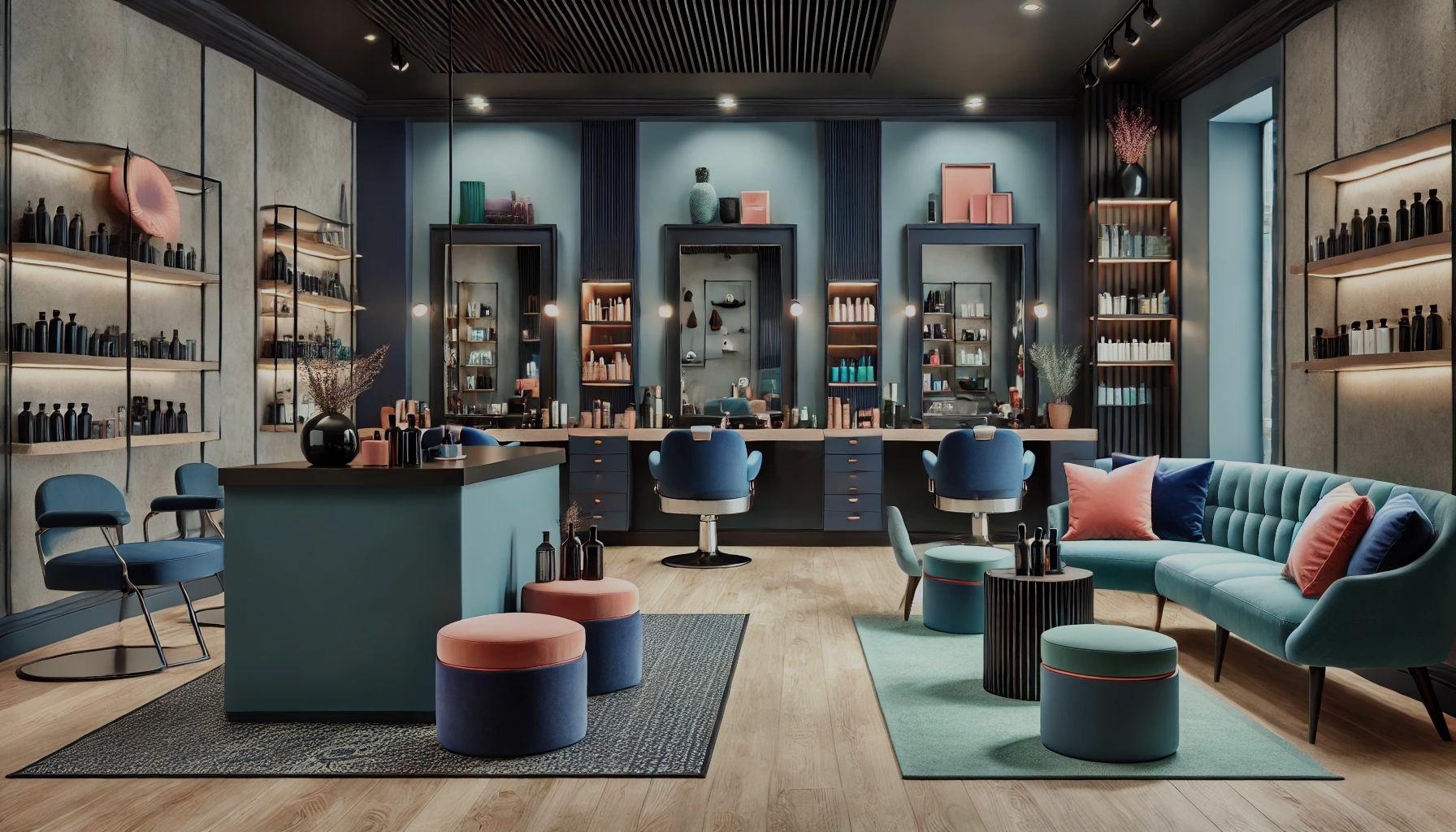 Luxurious and modern salon interior featuring elegant seating arrangements, well-organized shelves with salon products, and minimalistic décor. The design emphasizes comfort and sophistication, reflecting 3ack's dedication to creating a premium salon experience for customers and staff.