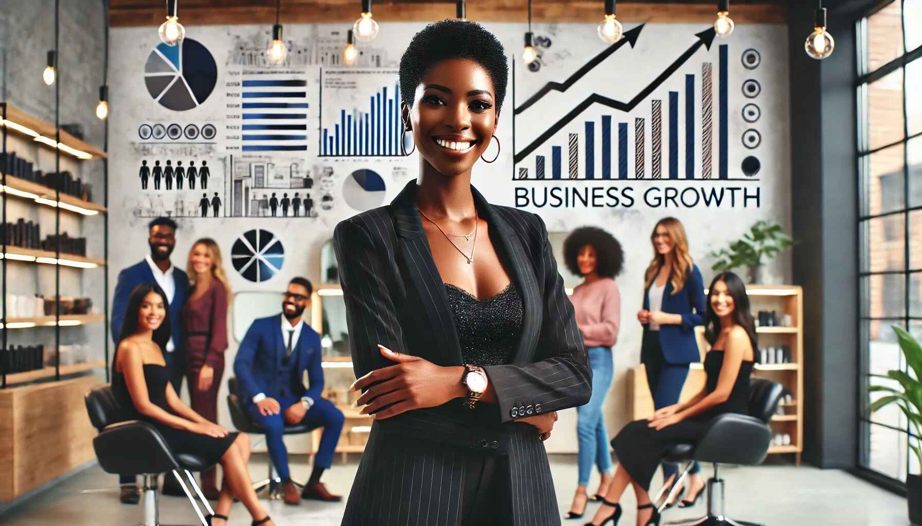 Confident businesswoman standing in a modern salon with a group of professionals, showcasing growth and success charts in the background. The image represents achieving personal and business growth with 3ack's tools and insights.