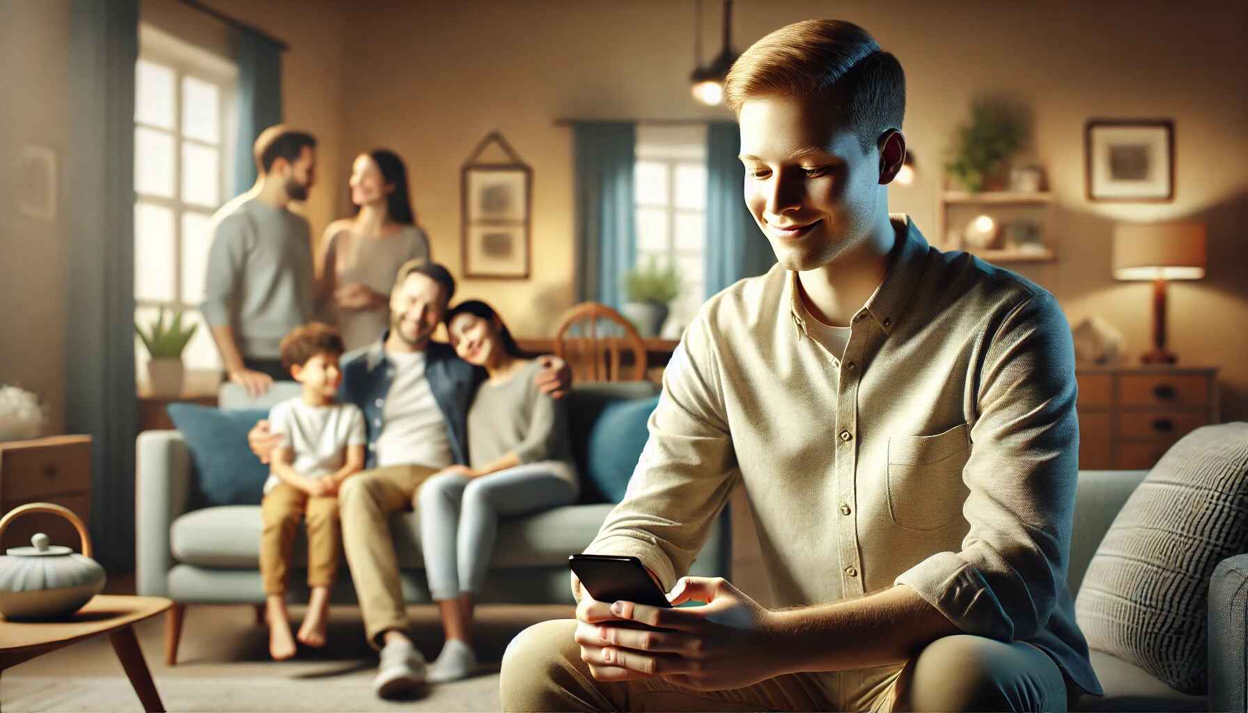 Ein junger Mann lächelt, während er ein Mobilgerät benutzt, im Hintergrund sieht man eine glückliche Familie, die gemeinsam schöne Zeit verbringt. Das Bild symbolisiert die Freiheit und die Work-Life-Balance, die durch die zeitsparenden Lösungen von 3ack erreicht werden.