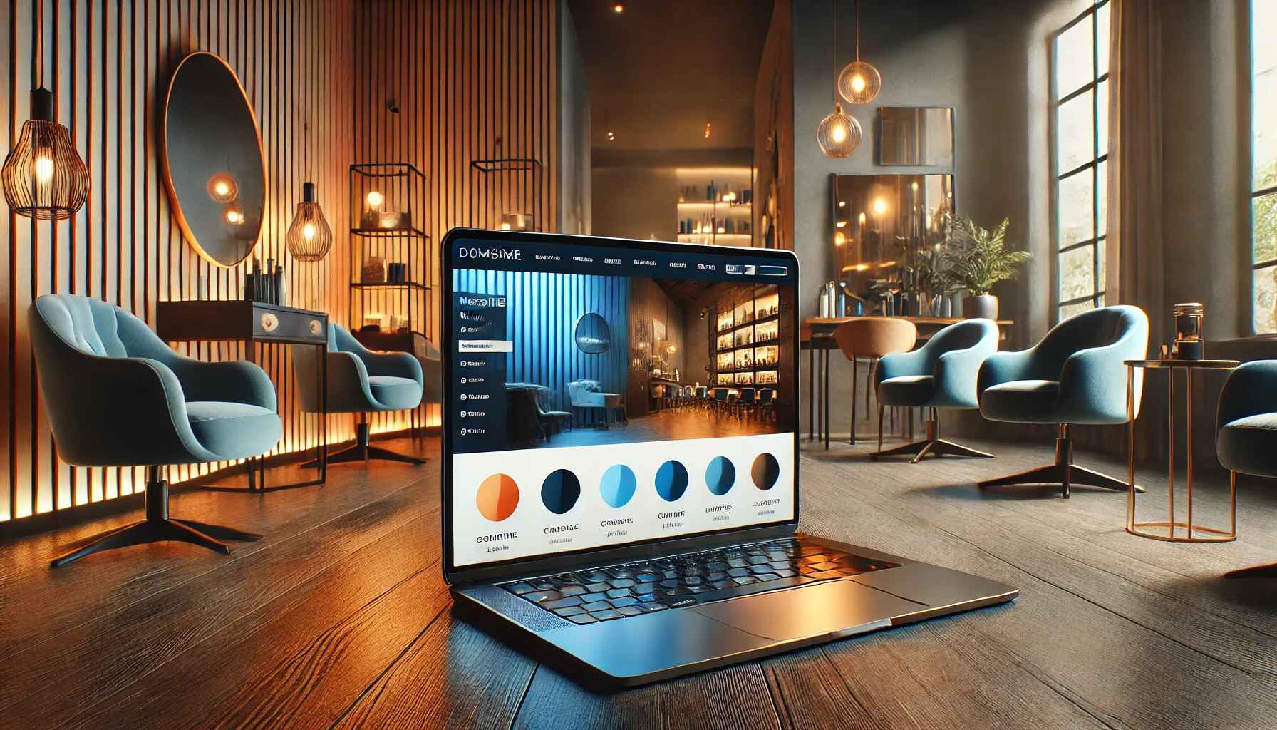 Tela de laptop exibindo um site personalizado em um salão lindamente projetado com decoração elegante. A imagem reflete a capacidade de expressar uma identidade de marca única com as opções de site personalizáveis da 3ack.