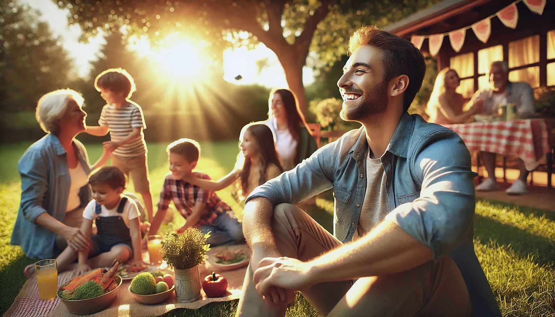 Família aproveitando uma reunião ao ar livre iluminada pelo sol, com sorrisos e relaxamento, indicando o melhor equilíbrio entre vida pessoal e profissional possibilitado pelos sistemas automatizados e recursos de gerenciamento de clientes da 3ack.