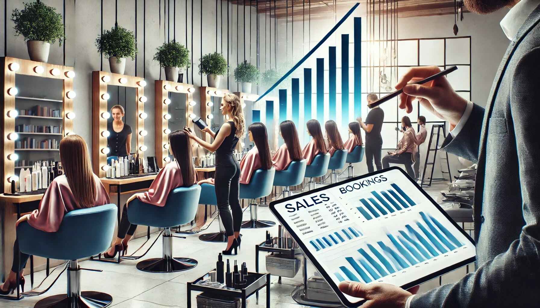 Hair salon staff busy serving clients, while a manager monitors sales and bookings growth using an AI-powered dashboard. The image showcases the increased revenue opportunities with 3ack's automated tools.