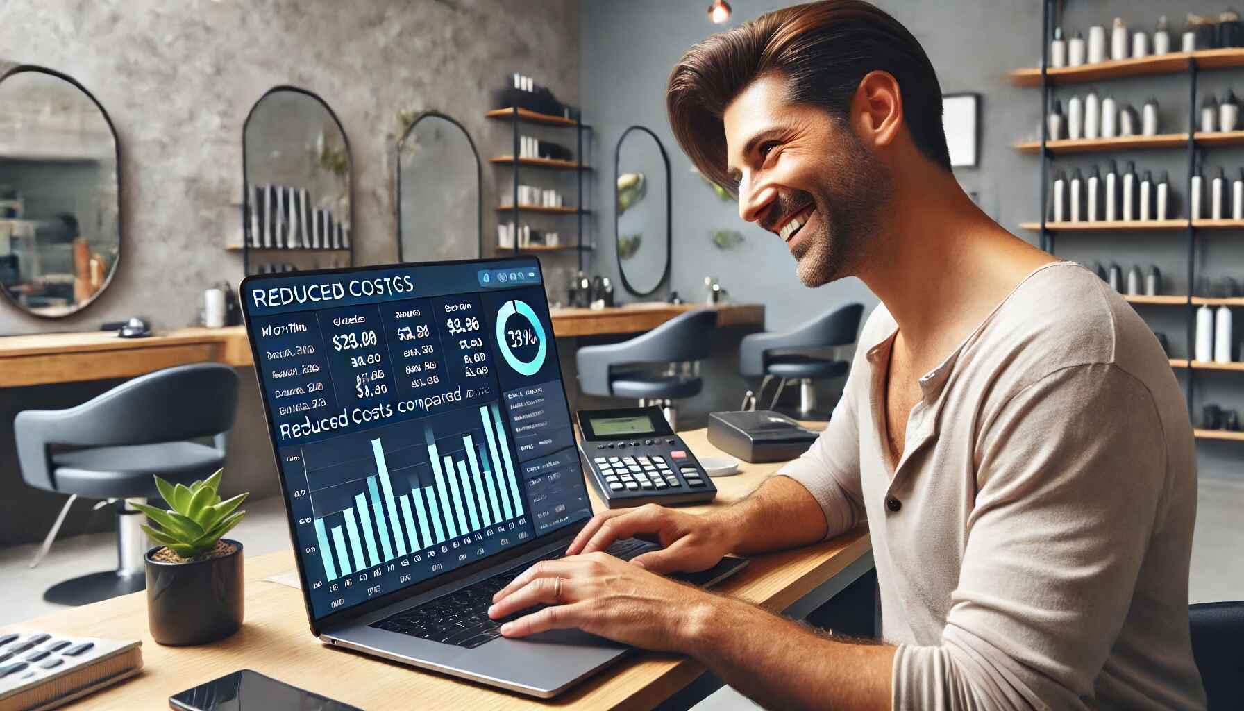 Leende företagsägare i en salong som analyserar en instrumentpanel som visar minskade kostnader och ekonomiska data. Bilden visar hur 3ack hjälper företag att minska utgifterna och öka lönsamheten.