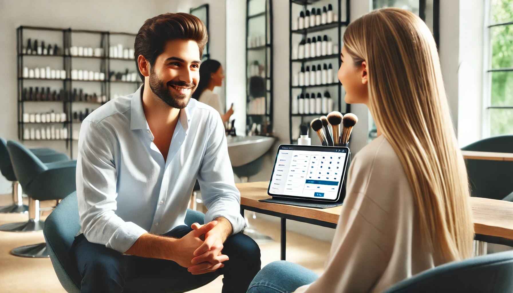 A professional discussing schedule plans with a client in a salon while using a digital management tool on a tablet. The image represents the efficiency and focus gained through 3ack's time-saving automation features.