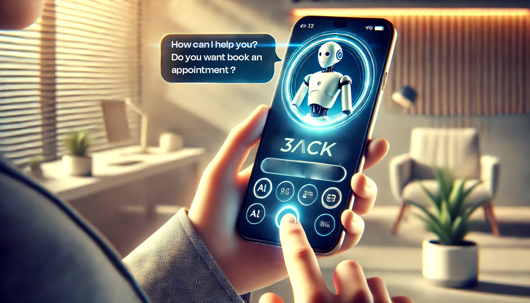 Person using a mobile app with an AI-powered chatbot offering appointment booking for salons on the 3ack platform. The AI assistant enhances customer support and booking automation.