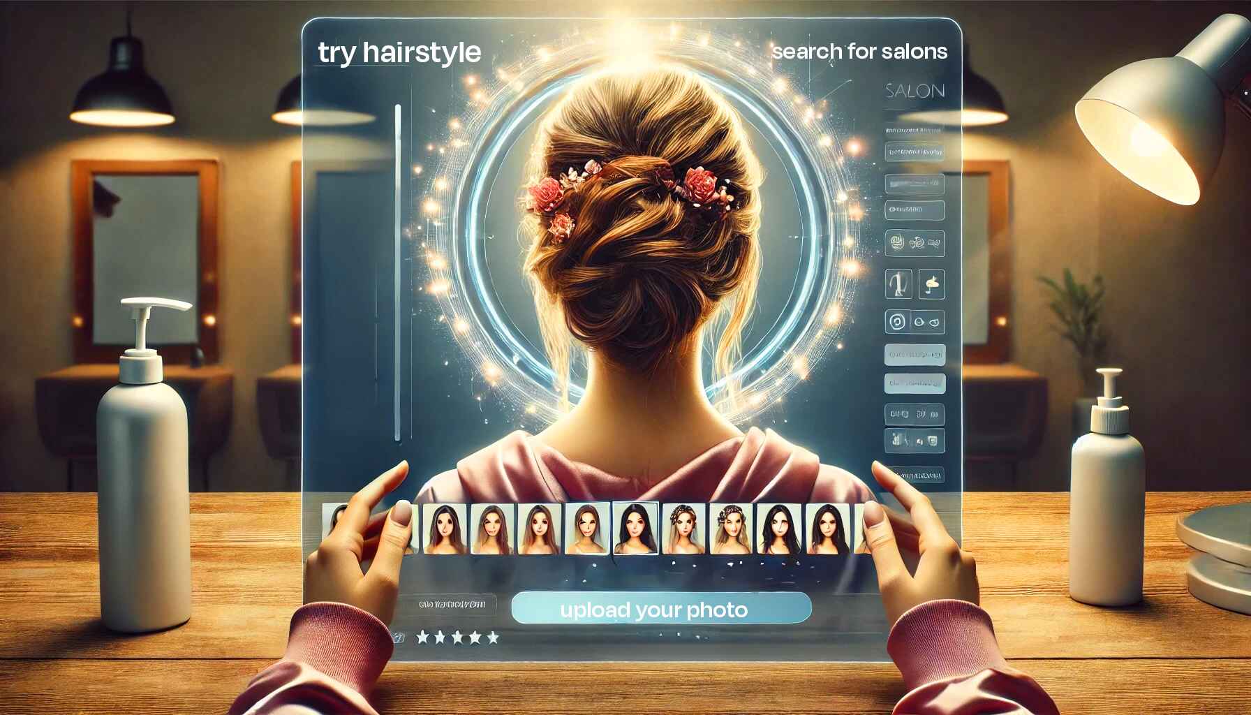 A futuristic, holographic screen in a modern salon setting, showcasing a hairstyle try-on interface powered by AI. The interface allows customers to upload their photo, visualize different hairstyles, and search for salons using natural language or images. The scene emphasizes immersive, AI-driven experiences for personalized hair service.