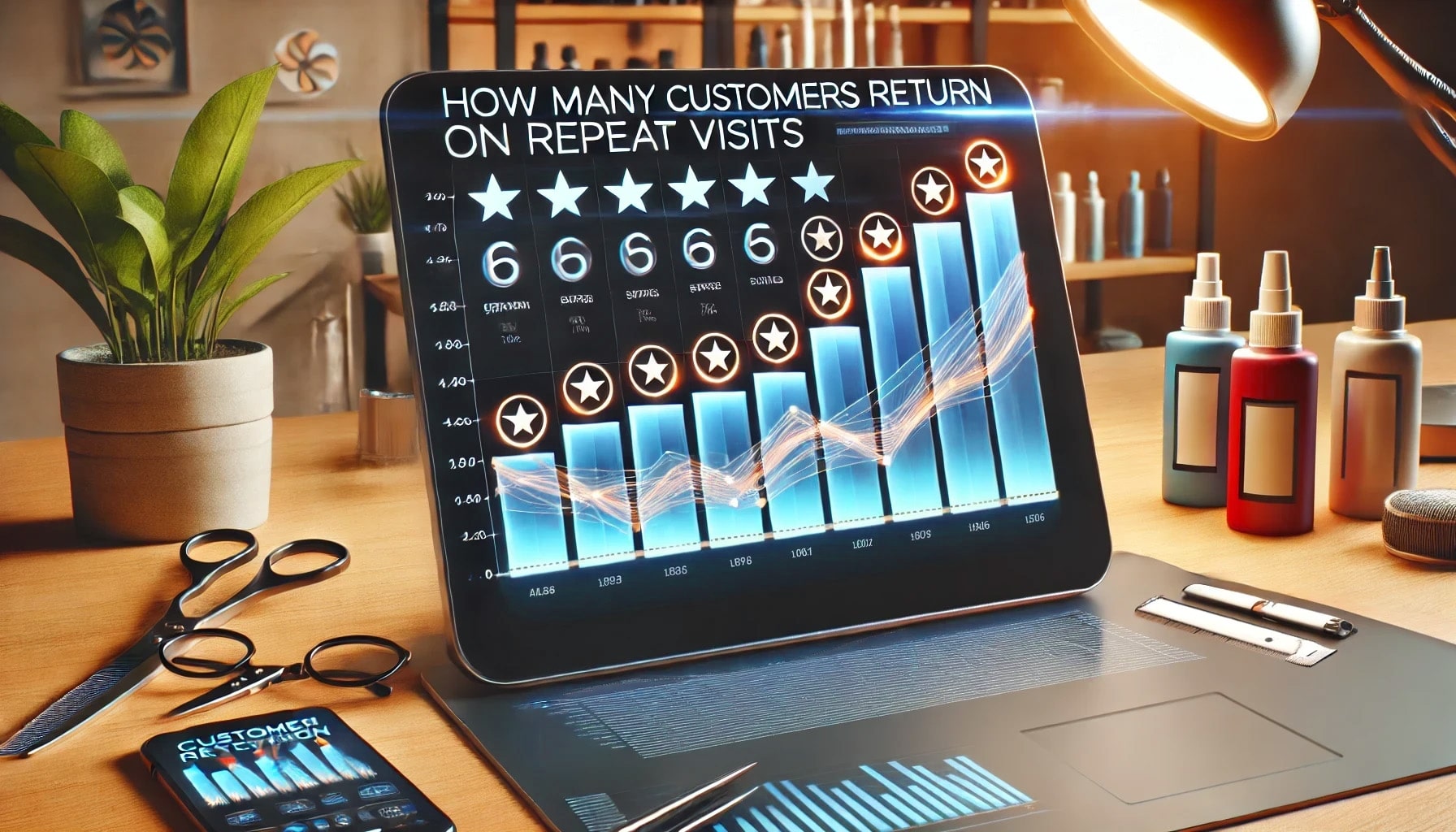 Analytics dashboard on a salon's computer screen showing customer retention rates with detailed visual graphs and star ratings. The dashboard helps business owners make data-driven decisions using AI insights.