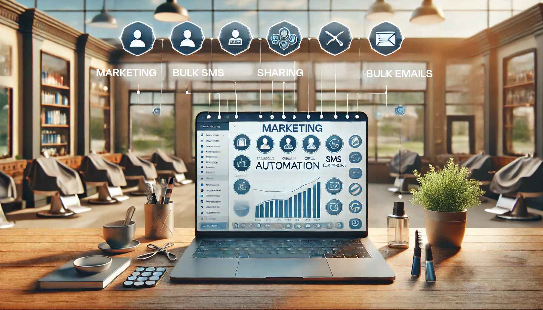 A sleek laptop on a salon desk displays a comprehensive marketing automation dashboard. The interface includes options for "Bulk SMS," "Bulk Emails," and "Sharing," allowing salon owners to automate client engagement, streamline marketing campaigns, and increase bookings. The backdrop of a stylish salon reinforces the business growth focus.