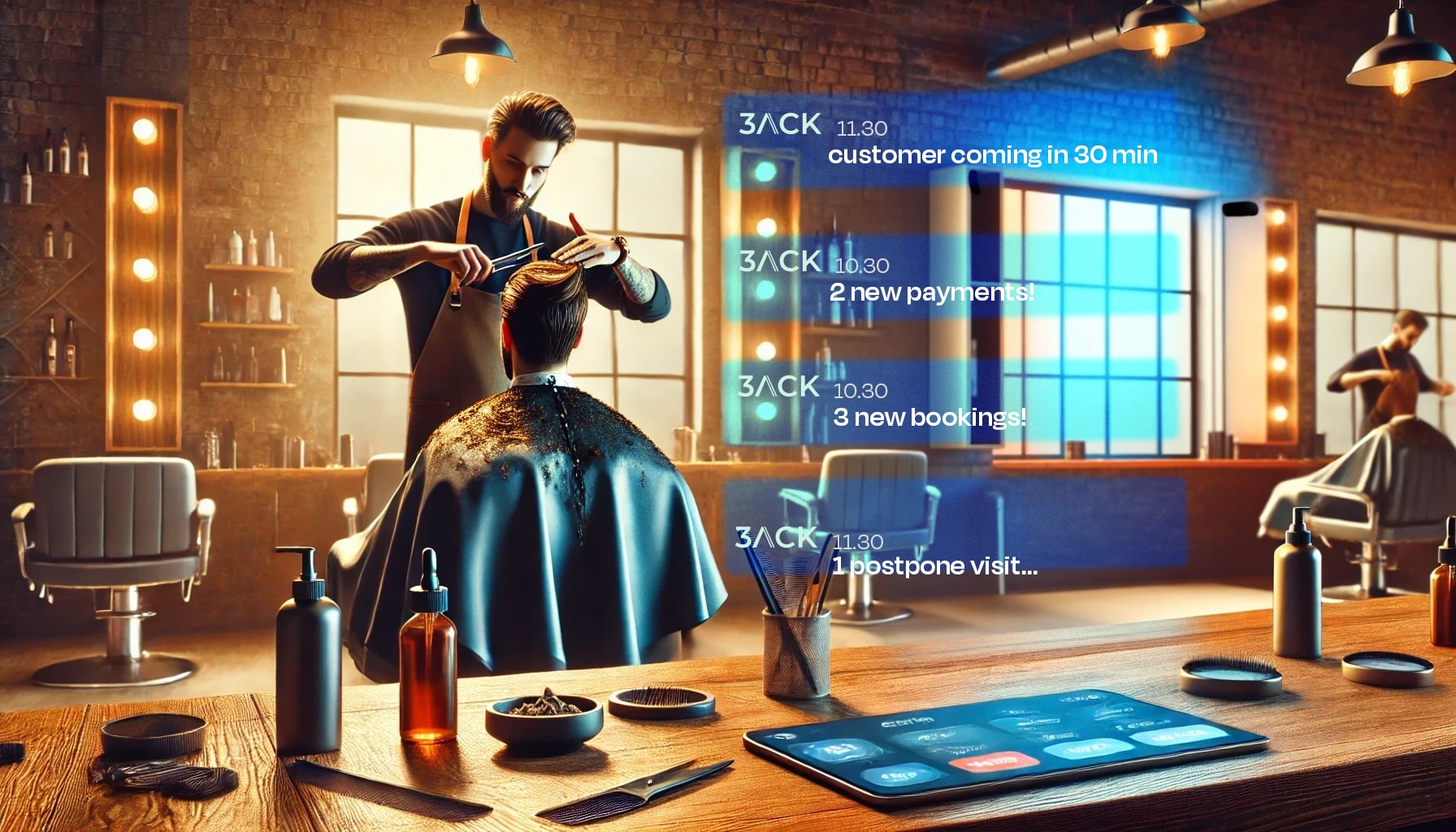 Barberare arbetar i en modern salong medan en digital assistent visar realtidsmeddelanden om kundbokningar, betalningar och uppskjutna besök. AI-driven schemaläggning effektiviserar salongshanteringen på 3ack-plattformen