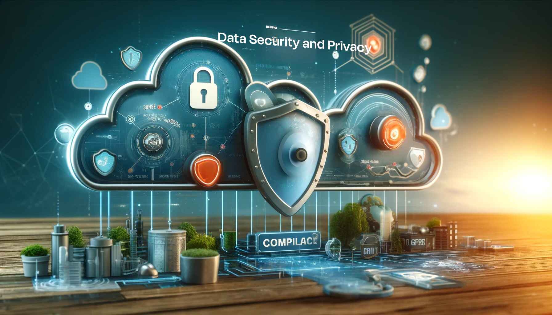 A visual depiction of secure cloud storage with prominent padlocks and shields, symbolizing data protection. The image highlights advanced encryption measures and GDPR compliance, emphasizing 3ack’s commitment to safeguarding sensitive business and customer information.