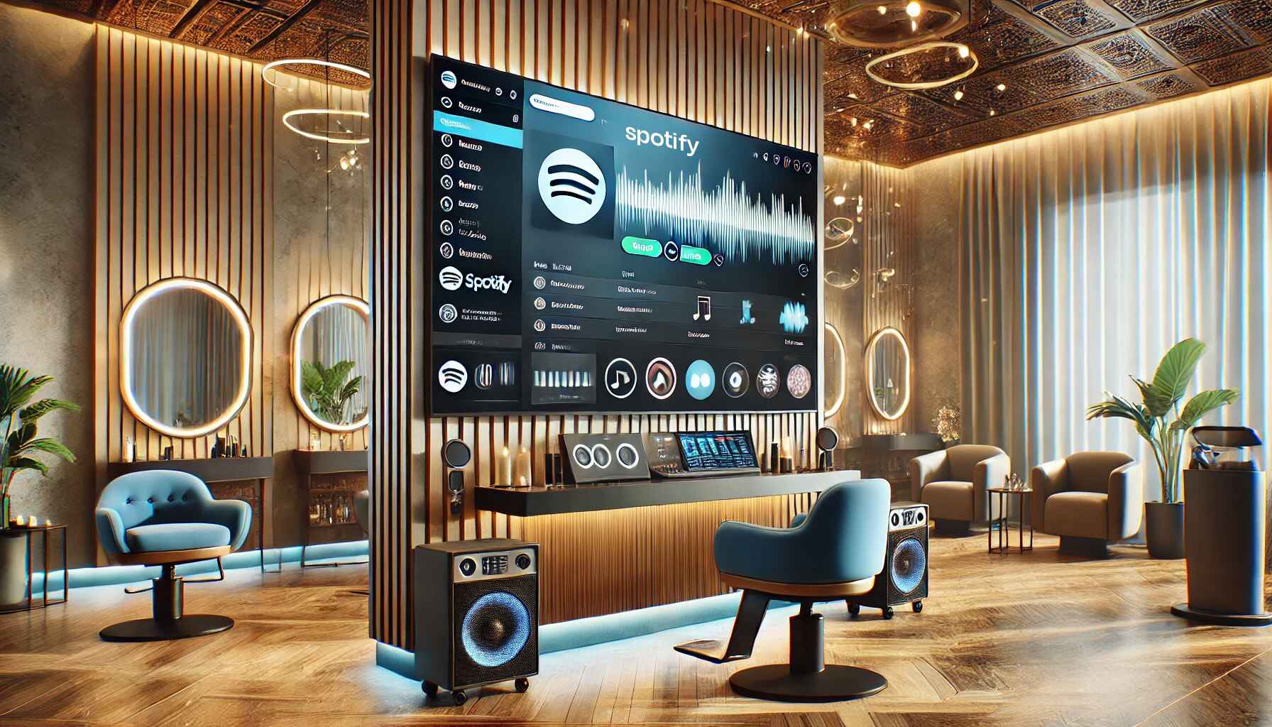 A luxurious salon interior with a large digital screen showcasing Spotify integration. The screen displays curated playlists and personalized audio controls, creating a relaxing ambiance. The scene illustrates how 3ack enables salons to enhance client experiences with tailored music and modern entertainment options.