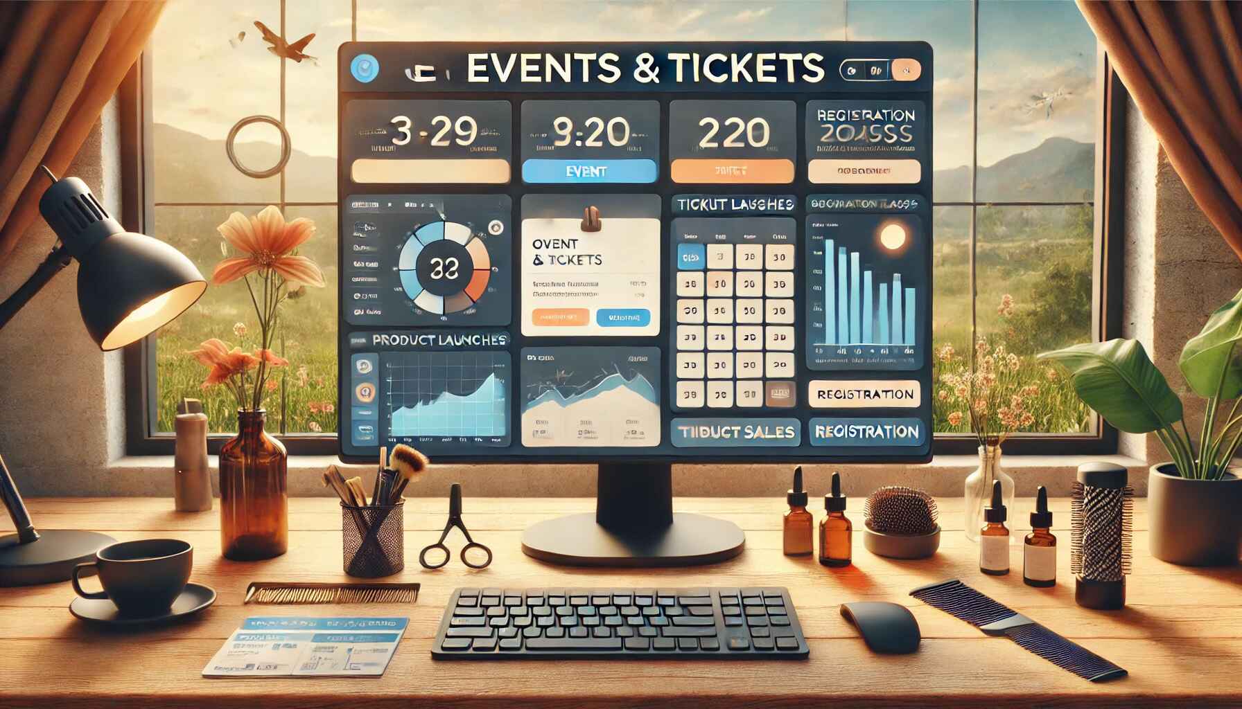 Una configuración de oficina en casa con una pantalla digital flotante que muestra un panel de administración de eventos y entradas. La interfaz incluye funciones para organizar lanzamientos de productos, gestionar registros y hacer un seguimiento de las ventas de entradas, lo que permite a los propietarios de salones planificar y administrar eventos de manera eficiente desde cualquier ubicación.