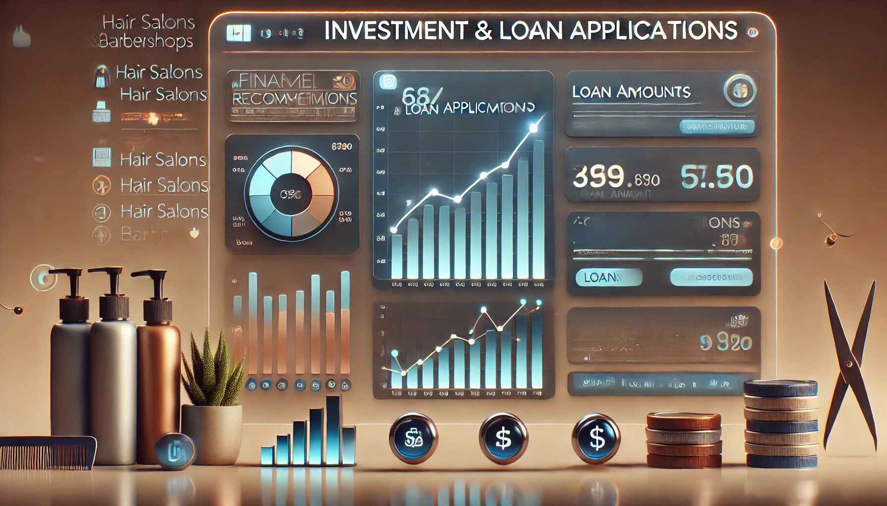 Un panel digital que muestra estadísticas de solicitudes de préstamos, recomendaciones financieras y proyecciones de crecimiento. El gráfico incluye varias métricas financieras y gráficos, que destacan cómo la plataforma de 3ack ayuda a los propietarios de salones a acceder a fondos y planificar expansiones comerciales de manera eficaz.