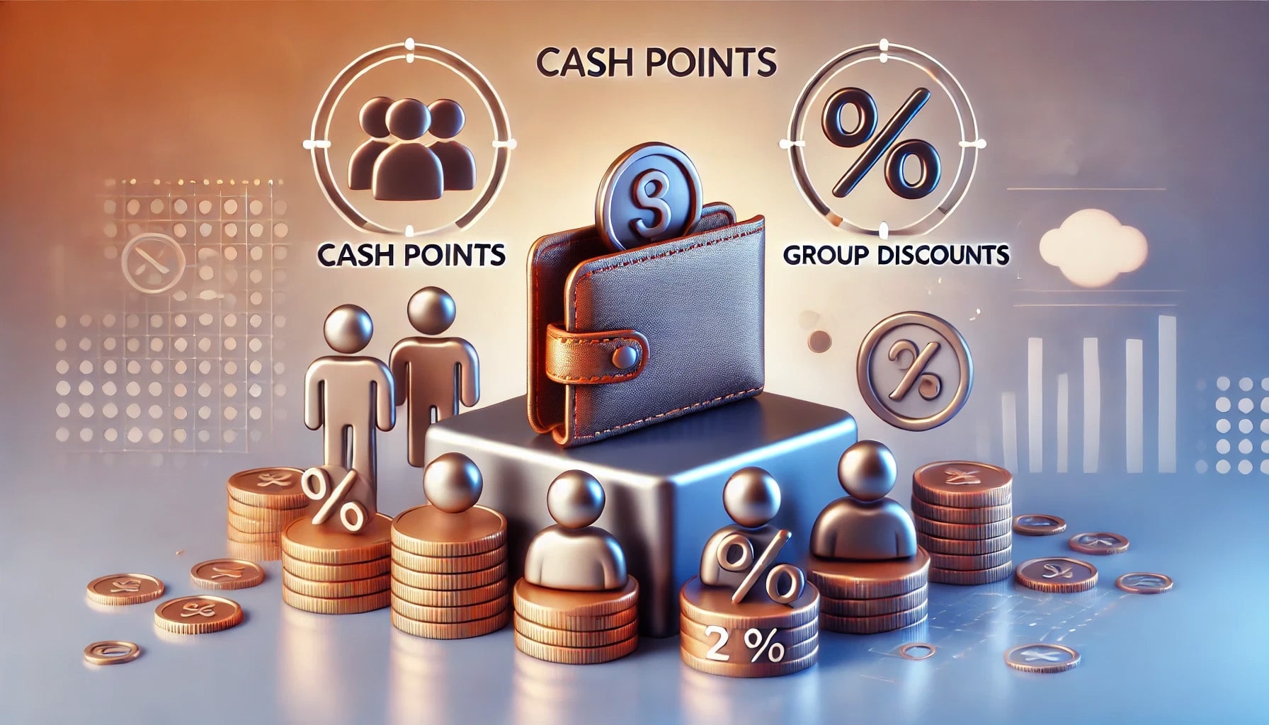 Illustrated graphic showing cash points and group discounts in a salon loyalty program. The visual emphasizes 3ack's automated setup for encouraging repeat business through rewards and discounts.