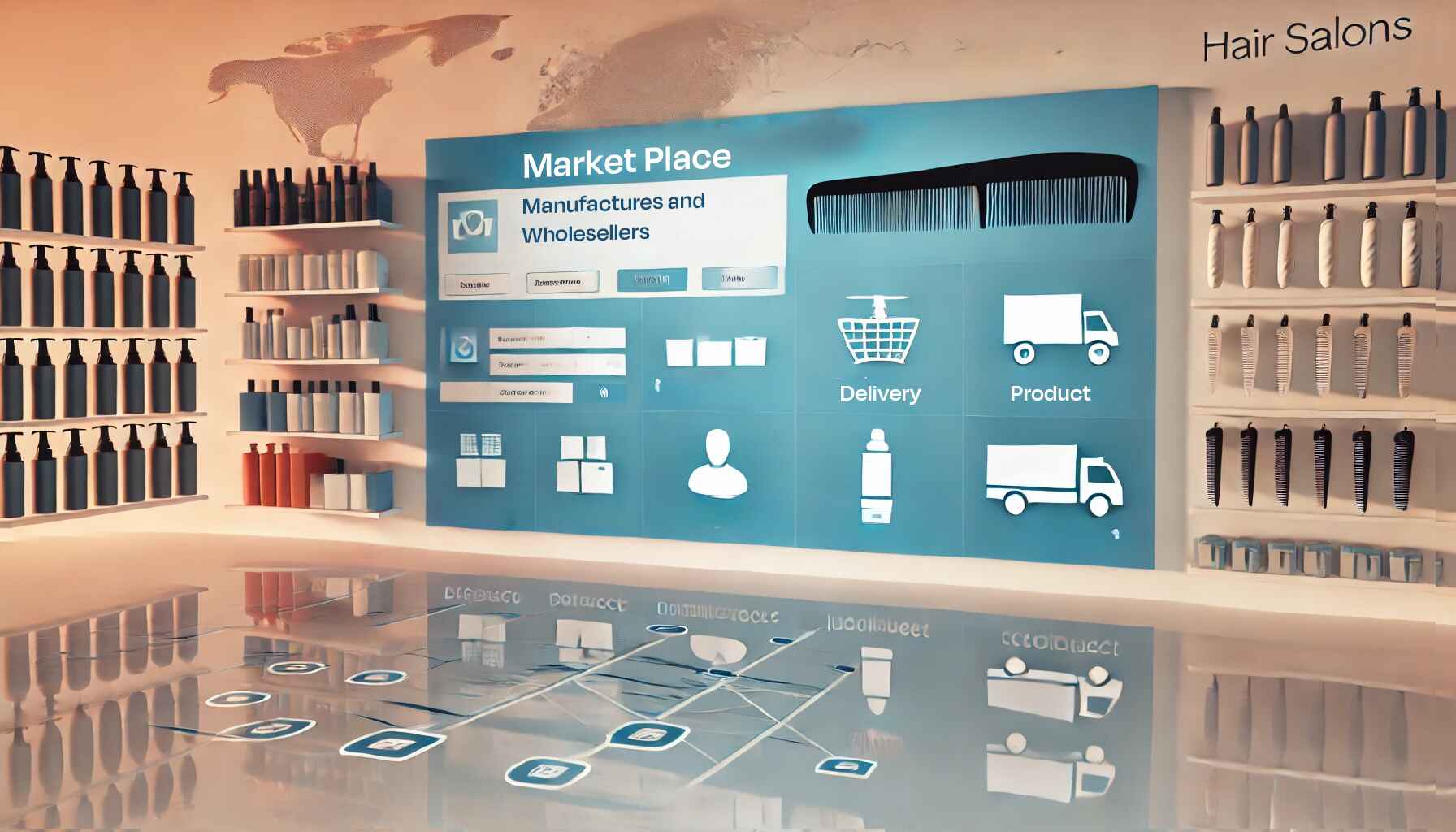 A clean and organized digital marketplace interface, displaying beauty products on shelves and a navigation screen with options for manufacturers and delivery. The scene portrays a seamless purchasing experience, allowing salon professionals to source supplies directly from trusted providers.