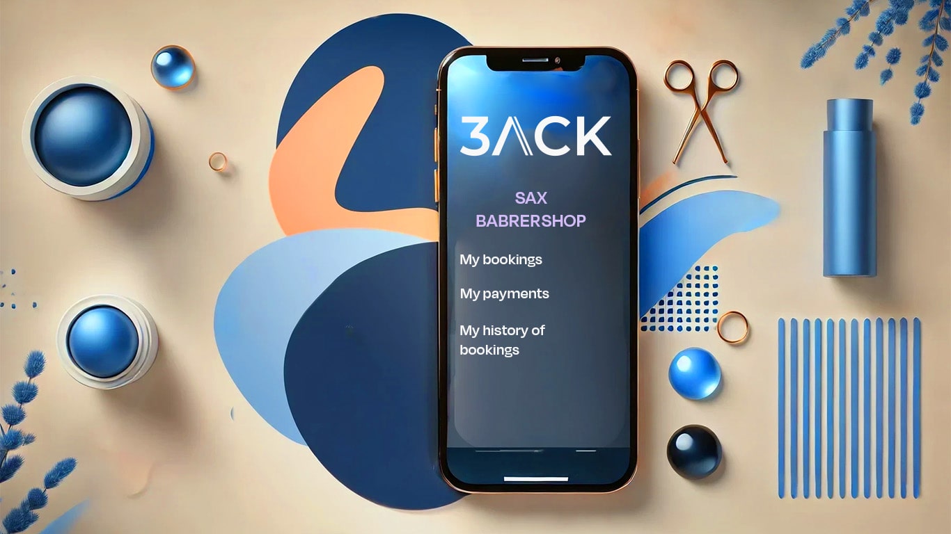 3ack mobilapps gränssnitt som visar en frisersalongs bokningsalternativ med avsnitt för betalningar och bokningshistorik. Appen ger enkel åtkomst för kunder att hantera sina möten när de är på språng
