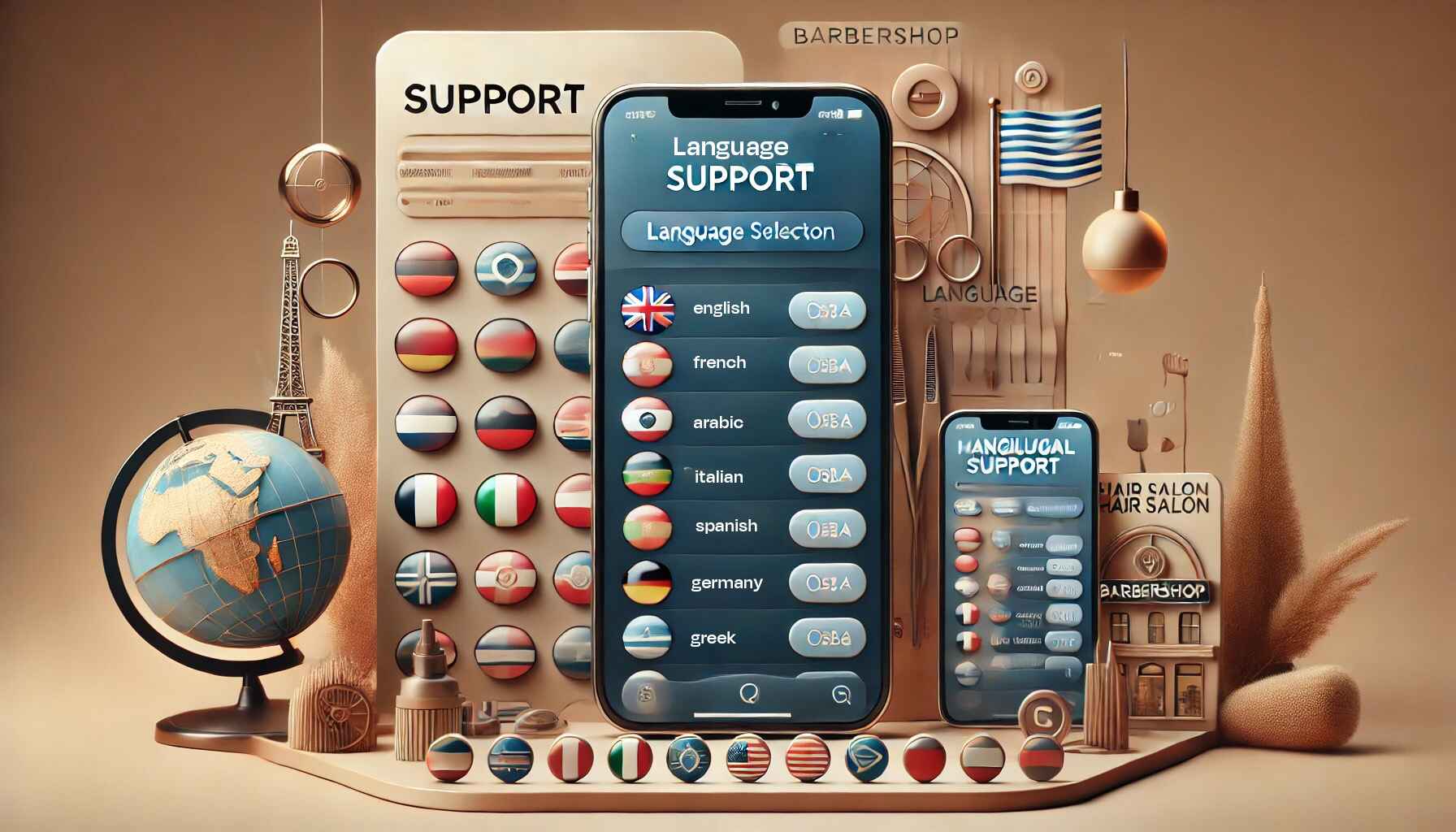 A global-themed interface displaying multiple language options on both mobile and desktop. The design features country flags and a world map, indicating that 3ack’s platform supports multilingual accessibility to cater to diverse clientele and expand business reach.