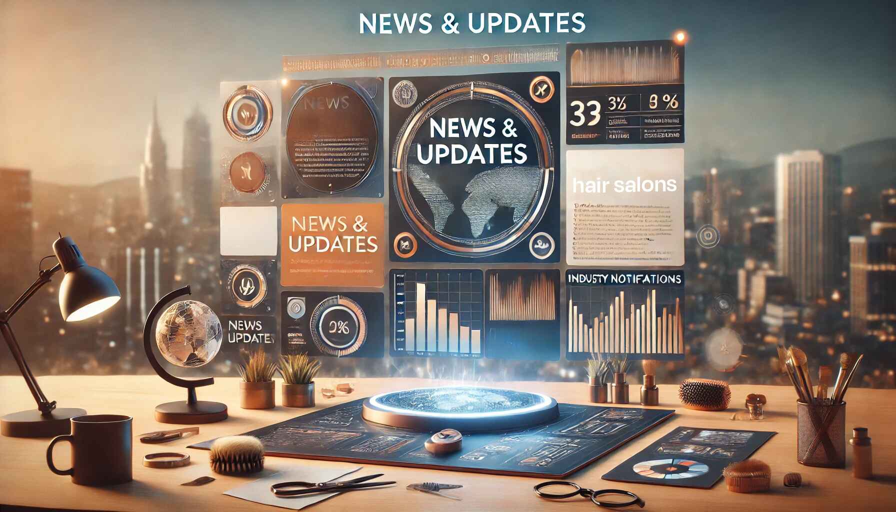 A modern office desk with a floating digital dashboard that displays real-time industry news and updates for salon owners. The interface shows graphs, global news icons, and notifications for hair salons, helping users stay informed about market changes and trends in the beauty industry.