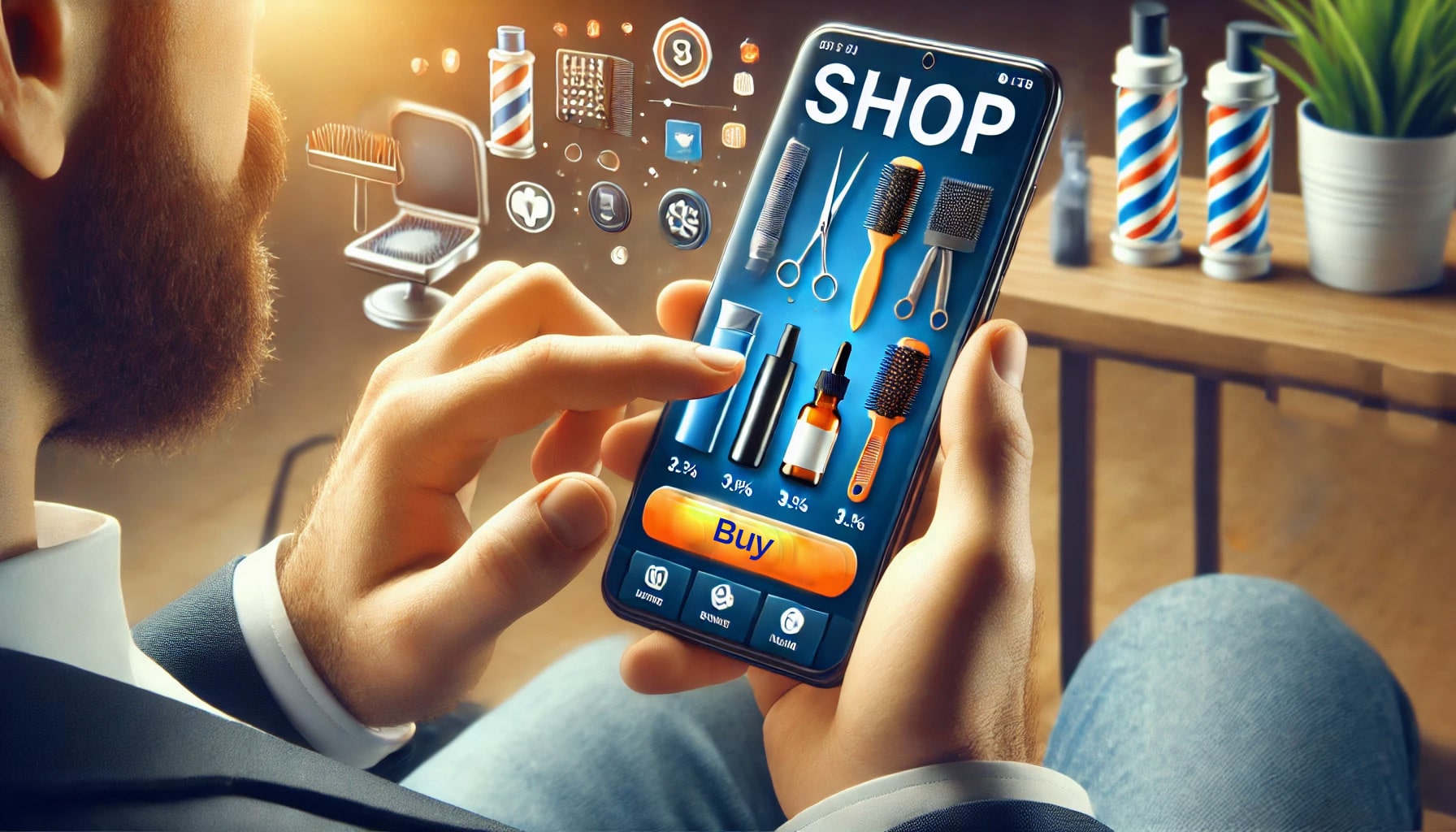 Person shopping for grooming tools and products on the 3ack app's integrated online store. The app showcases various items like brushes, scissors, and grooming oils, enabling salons to expand their business with e-commerce capabilities.