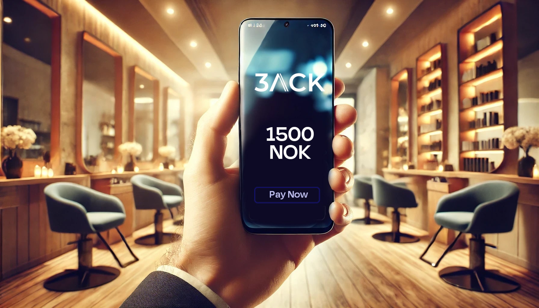 A hand holding a smartphone displaying a payment process on the 3ack app in a stylish salon. The integrated payment system offers a secure, hassle-free way to complete transactions digitally