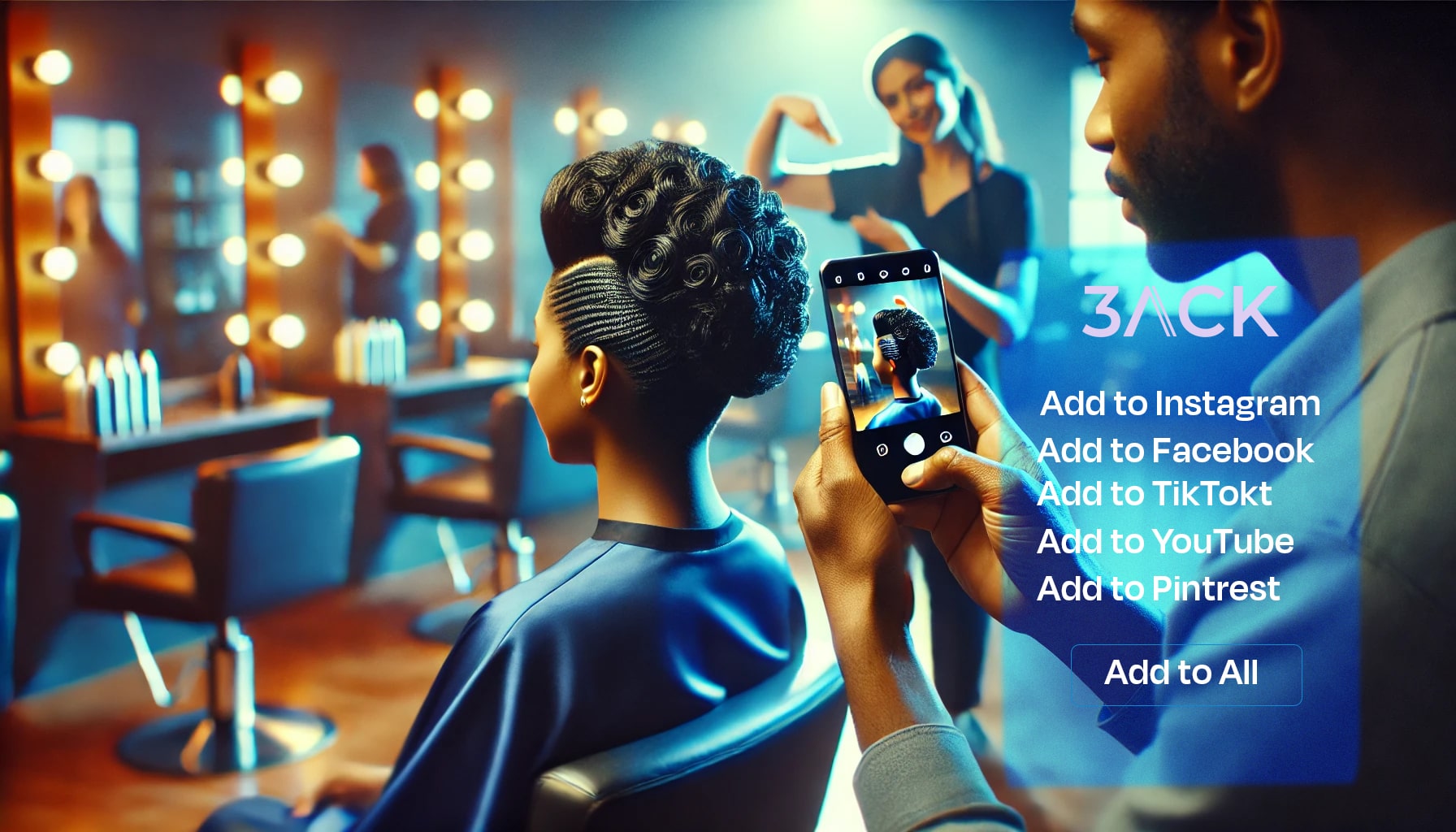 Hairdresser capturing a styled client's photo on a smartphone to share across multiple social media platforms via the 3ack app. The platform allows seamless sharing on Instagram, Facebook, TikTok, YouTube, and Pinterest.