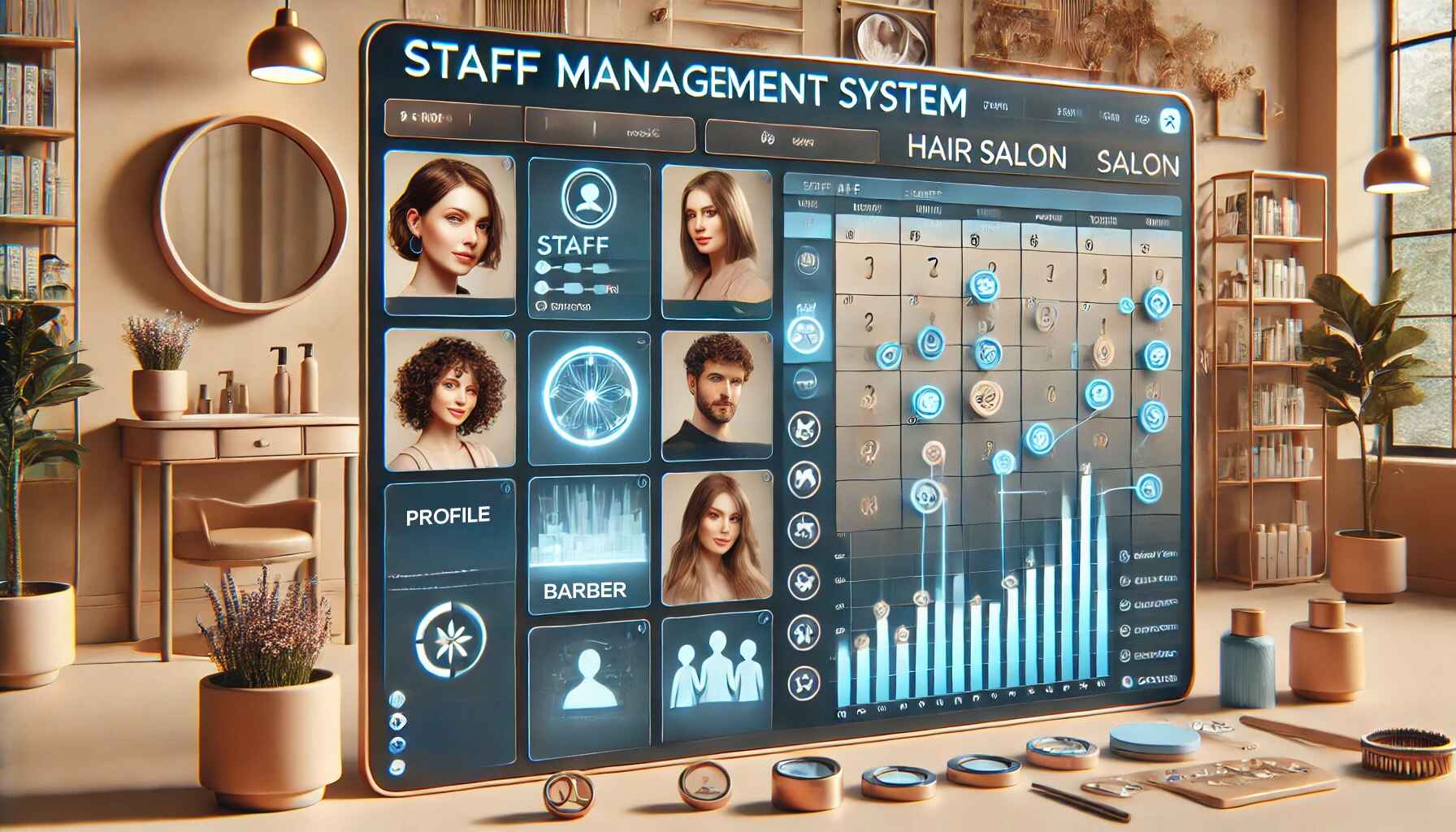 A salon-themed dashboard showing staff profiles, shift scheduling, and task management features. The interface includes options to organize schedules, track staff availability, and assign roles efficiently. The elegant salon setting highlights an organized and professional environment for managing salon staff effectively.