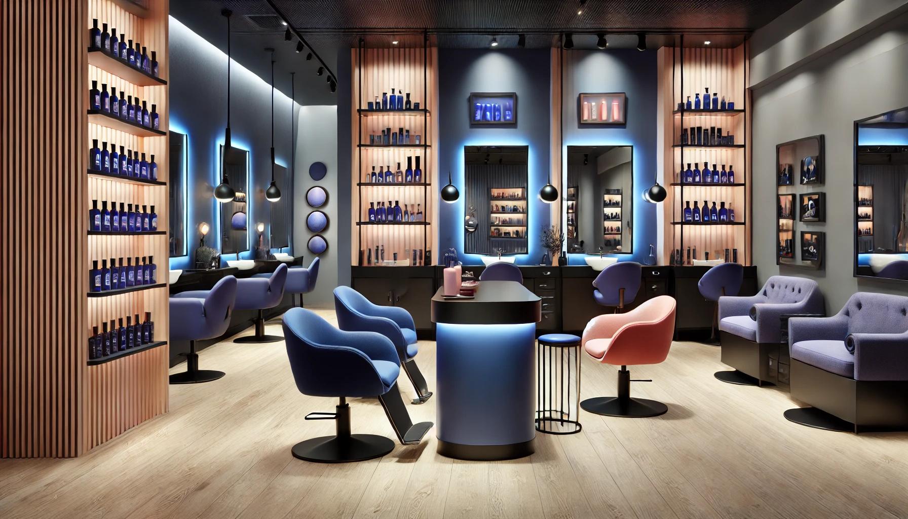 Modern salon interior with elegant blue and warm lighting, showcasing comfortable seating, organized product shelves, and minimalist décor. The space reflects a premium salon experience, aligned with 3ack's brand focus on enhancing salon atmosphere and customer satisfaction.